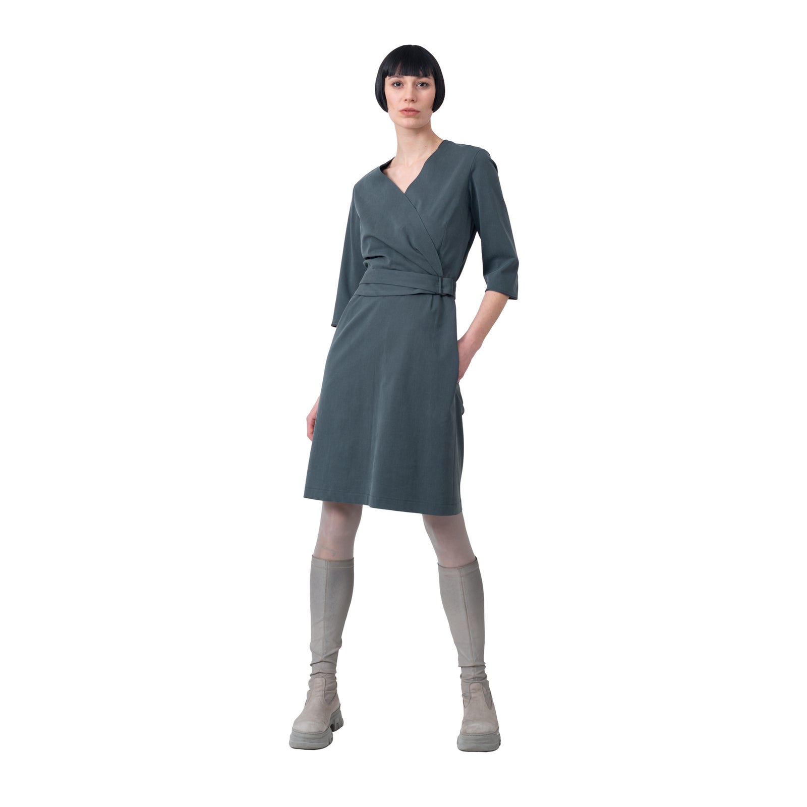 Kleid mit Gürtel 3/4 Arm, oliv
