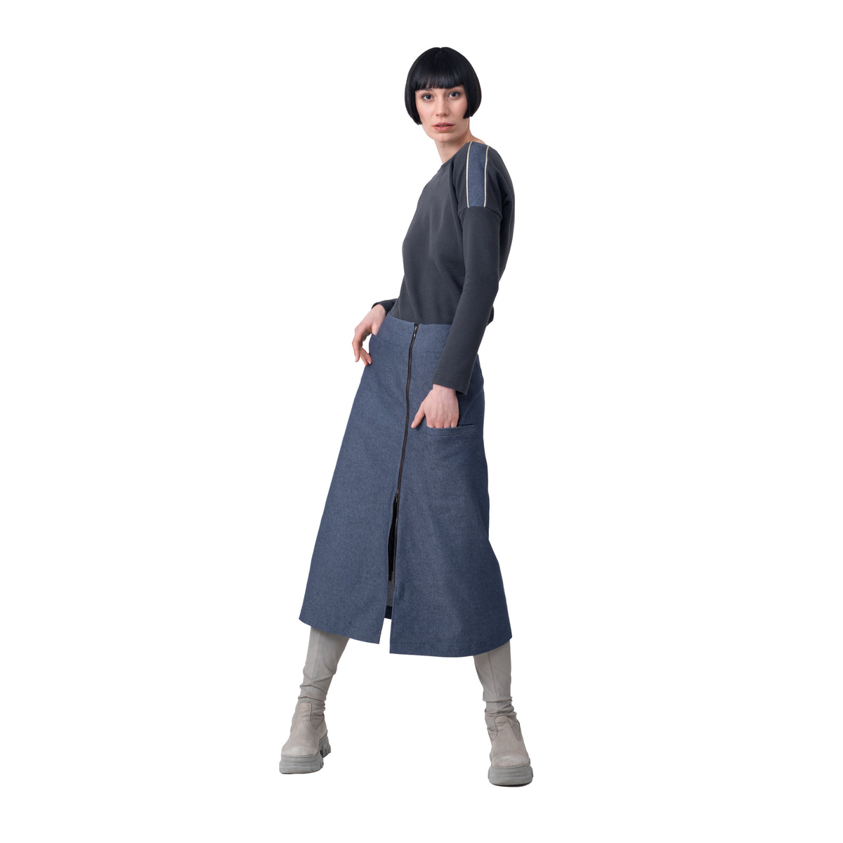 langer Jeansrock mit Reißverschluss und Taschen