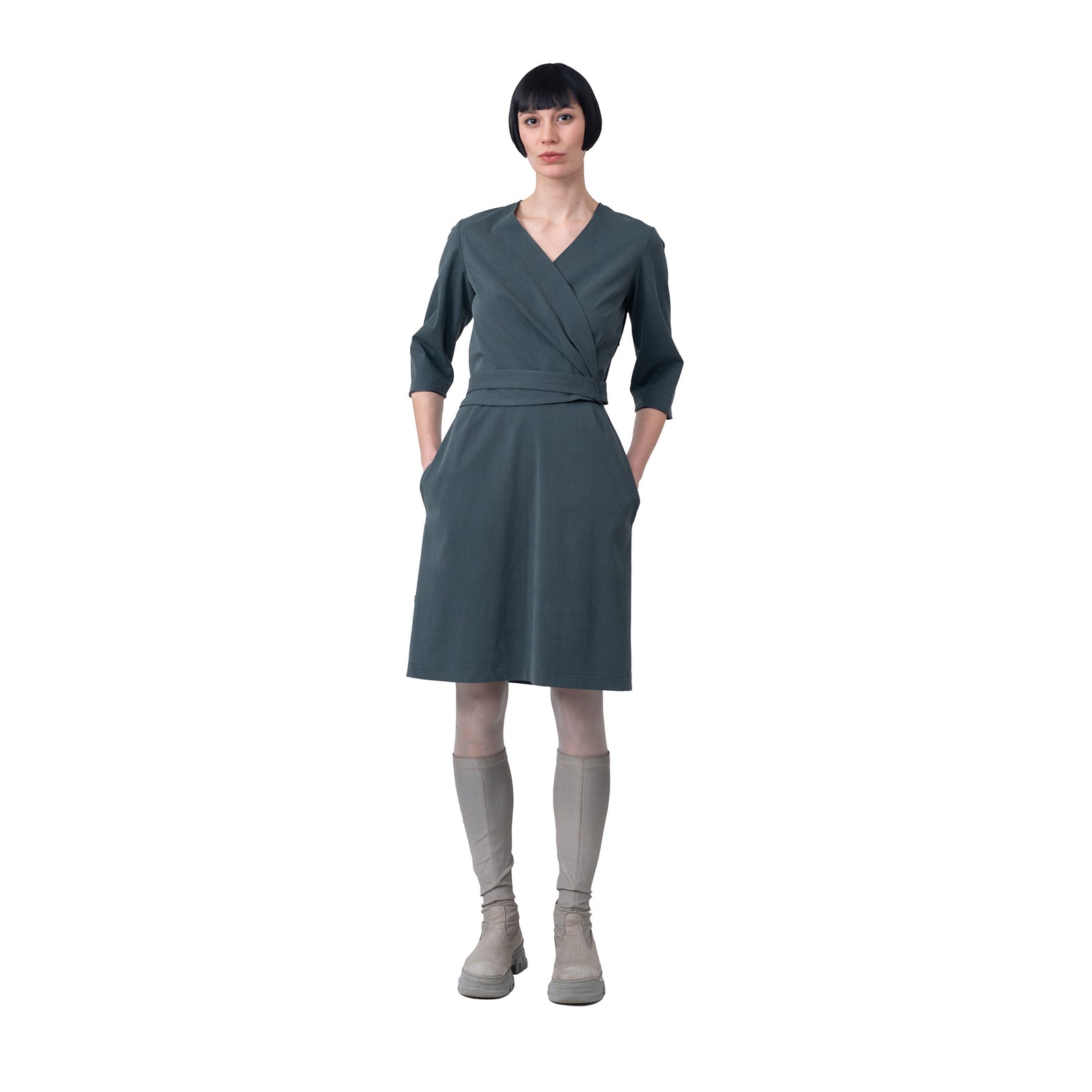 Kleid mit Gürtel 3/4 Arm, oliv