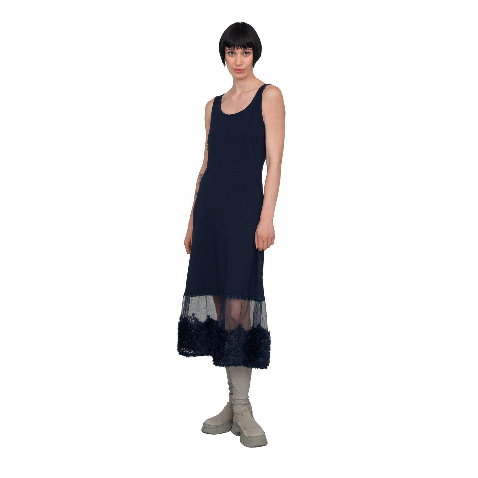 Jerseykleid lang, mit Tüllsaum